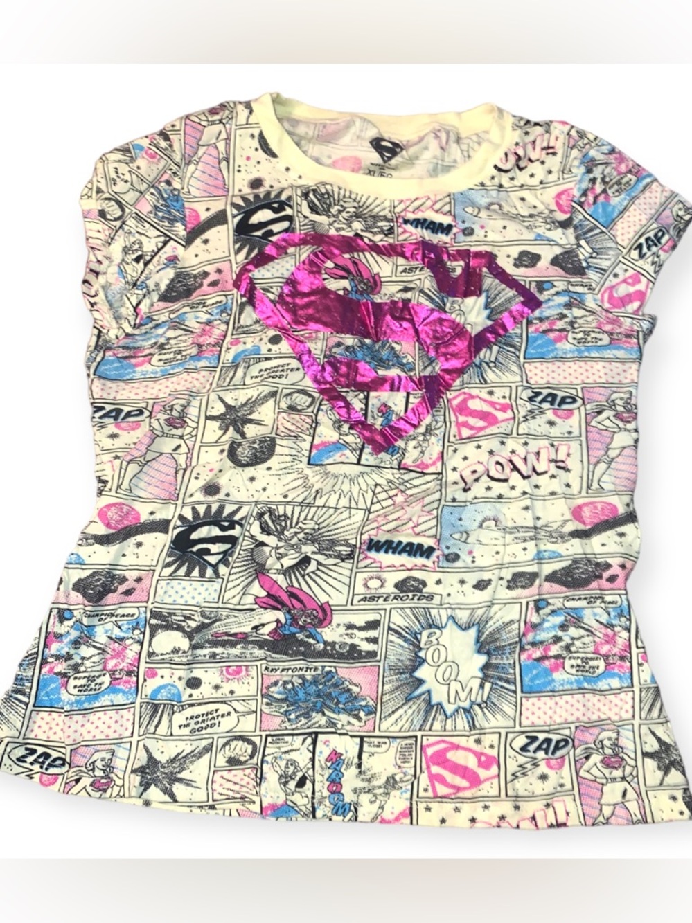 Vintage y2k early 20000s Girls Supergirl Comic Panel Tee with Metallic Logo